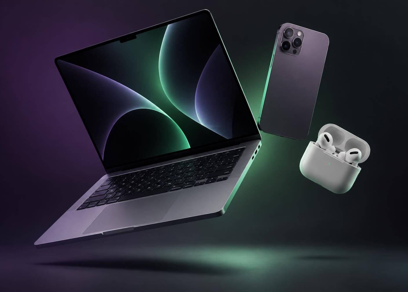 Refurbished laptop, smartphone and earbuds floating on a dark violet background